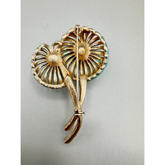 Vintage Enameled Teal and Purple Gold Tone Flower Brooch - Picture 4 of 8